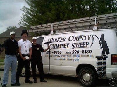 Joe on the left, Don Johnson in the center, and Kori on the right beside the Parker County Chimney Sweeps work van in 1995