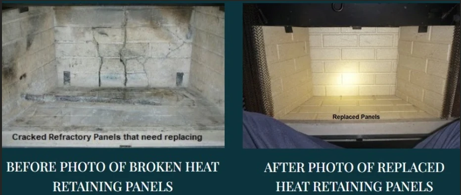 Side-by-side fireplace photographs showing cracked refractory panels on the left and replacement panels on the right