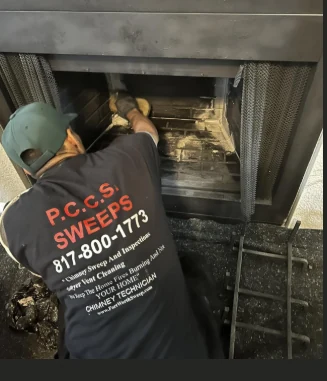 A PCCS technician working inside a fireplace during the company’s earlier years